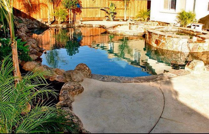 A Freeform Swimming Pool with a Raised Stone Spa and Natural Rock Landscaping in the Bay Area